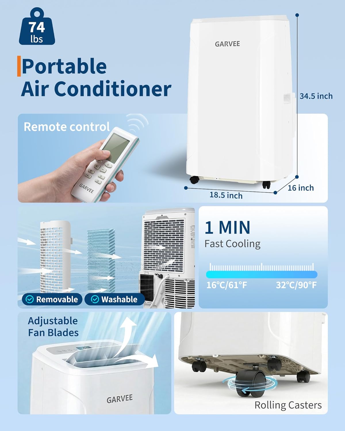 garvee 14000btu portable air conditioner, 3-in-1 portable ac showing dimensions
