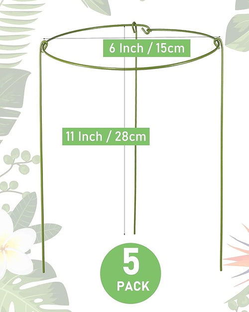 5 Pack Plant Support Stakes, Adjustable Plant Ring Cages with Green Rubber Wrapping, Ideal for Orchids, Indoor and Outdoor Potted Plants, 6" Wide x 11" High