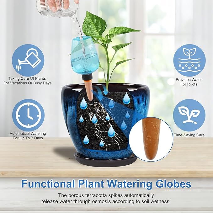 Ceramic Pots for Plant with Self Watering Globes, 6 inch Planters for Indoor Plants with Saucer, Glaze Flower Pots Outdoor with Drainage Holes, Decorative Garden Pots