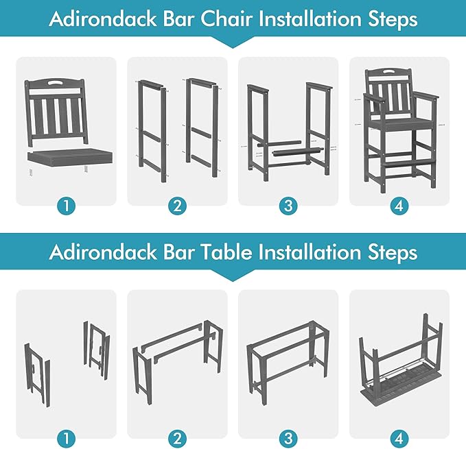 Ciokea 3 Pcs Outdoor Bar Height Table Set, 60" Extra Long Rectangle High Top Table and 2 Oversized Adirondack Chairs Set, Heavy-Duty All-Weather HDPE Patio Bar Set for Backyard Balcony Deck,Grey