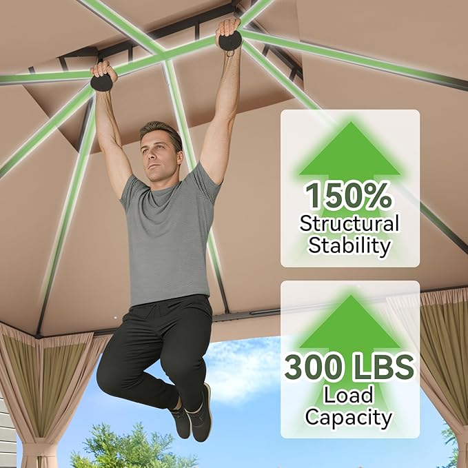 Aoxun Outdoor Gazebo for Patio 10x12 Metal Frame Canopy with Double Roofs Heavy Duty Party Tent and Shelter with Mosquito Netting and Privacy Screen for Backyard, Lawn, Garden, Deck (Khaki)