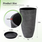 QCQHDU Large Tall Dark Gray Planters Set of 2-9 Gallon 12" Round Outdoor Planters for Front Door & Patio, Faux Stone Indoor Plant Pots with Tray, Porch Decor Plant Containers