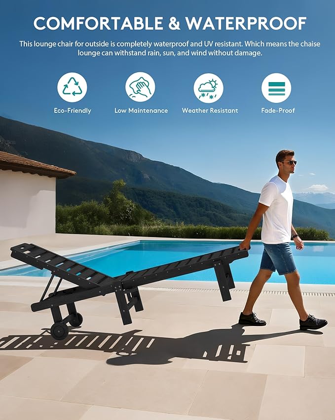 SERWALL Patio Chaise Lounge Chair, HDPE Outdoor Lounge Chair with Cup Holder, 5 Positions Adjustable Poly Lounger with Rolling Wheels for Poolside, Deck, Sunbathing, Black
