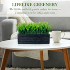 MyGift 14 Inch Artificial Green Grass Plant in Vintage Black Wood Planter Window Box, Faux Greenery in Decorative Rectangular Crate Style Wooden Container