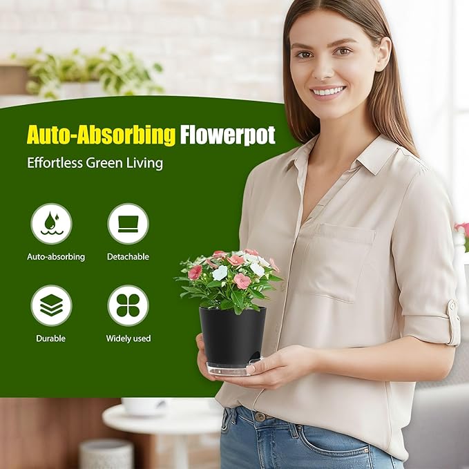 Plant Pots 4 Inch Self Watering Pots,6 Pack Plastic Planters with Drainage Holes and Clear Saucers,Plastic Flower Pots,Nursery Planting Pot for Indoor Out Door Plants (Black, 4 inch)