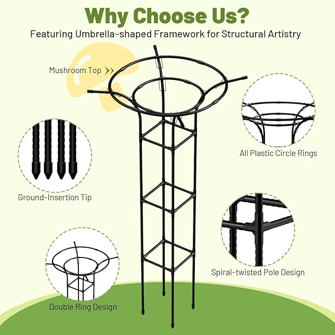 Garden Trellis for Climbing Plants Outdoor, 65 Inch Mushroom Top Trellis for Climbing Plants, Plant Trellis Support for Potted Plants Climbing Vine Rose Clematis Vegetable Trellis, 1 Pack (2)