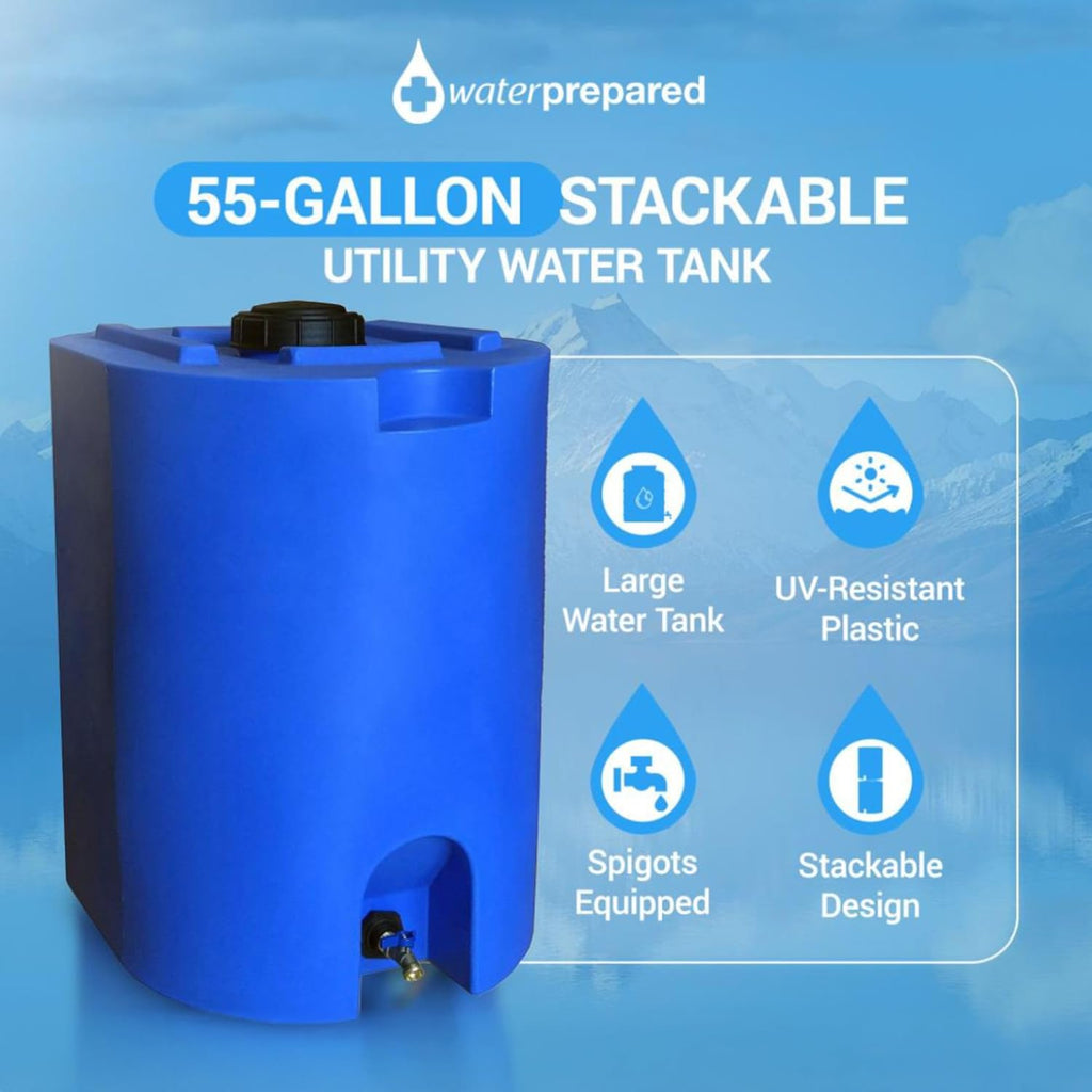 WaterPrepared 55 Gallon Unique Stackable Utility Water Tank, Blue | Emergency Water Storage Tank with Large Cap and Spigot for Easy Filling, Fits Through Standard Doorway