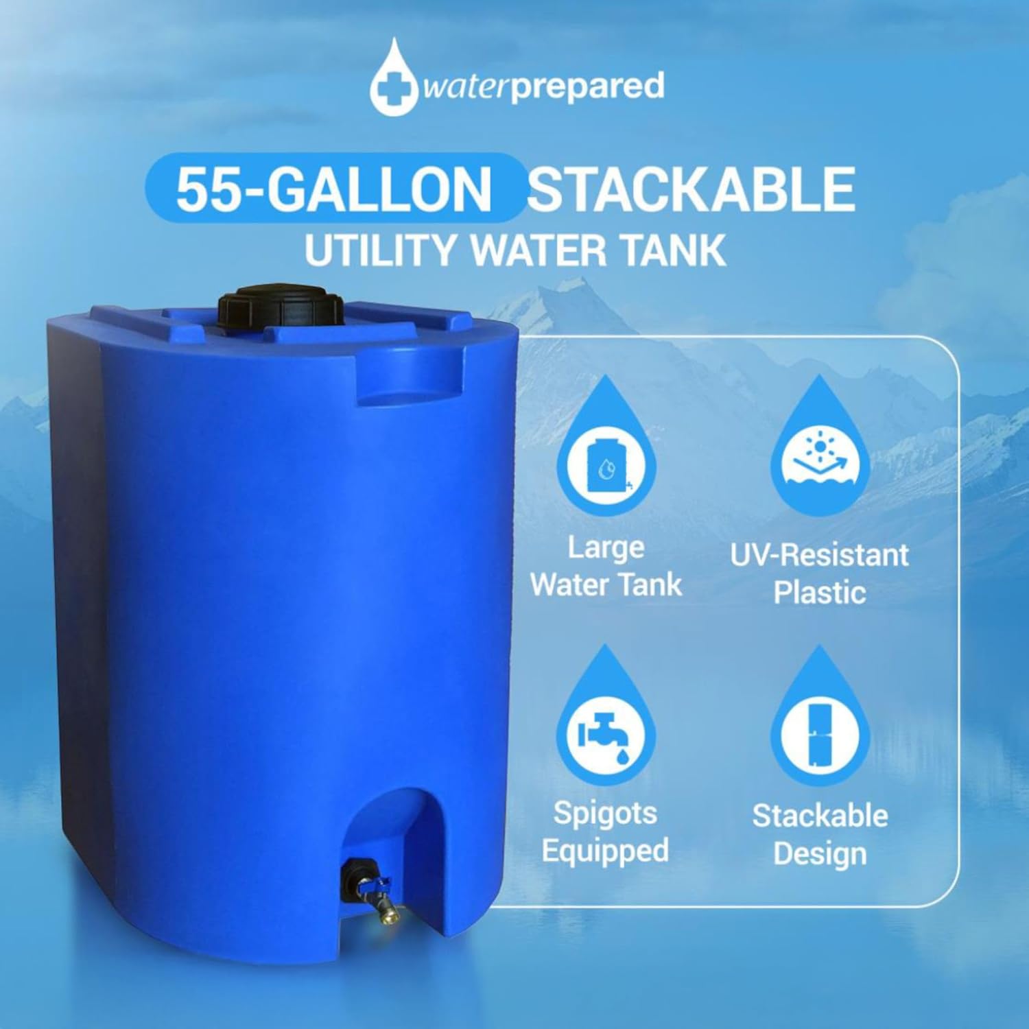 WaterPrepared 55 Gallon Unique Stackable Utility Water Tank, Blue | Emergency Water Storage Tank with Large Cap and Spigot for Easy Filling, Fits Through Standard Doorway