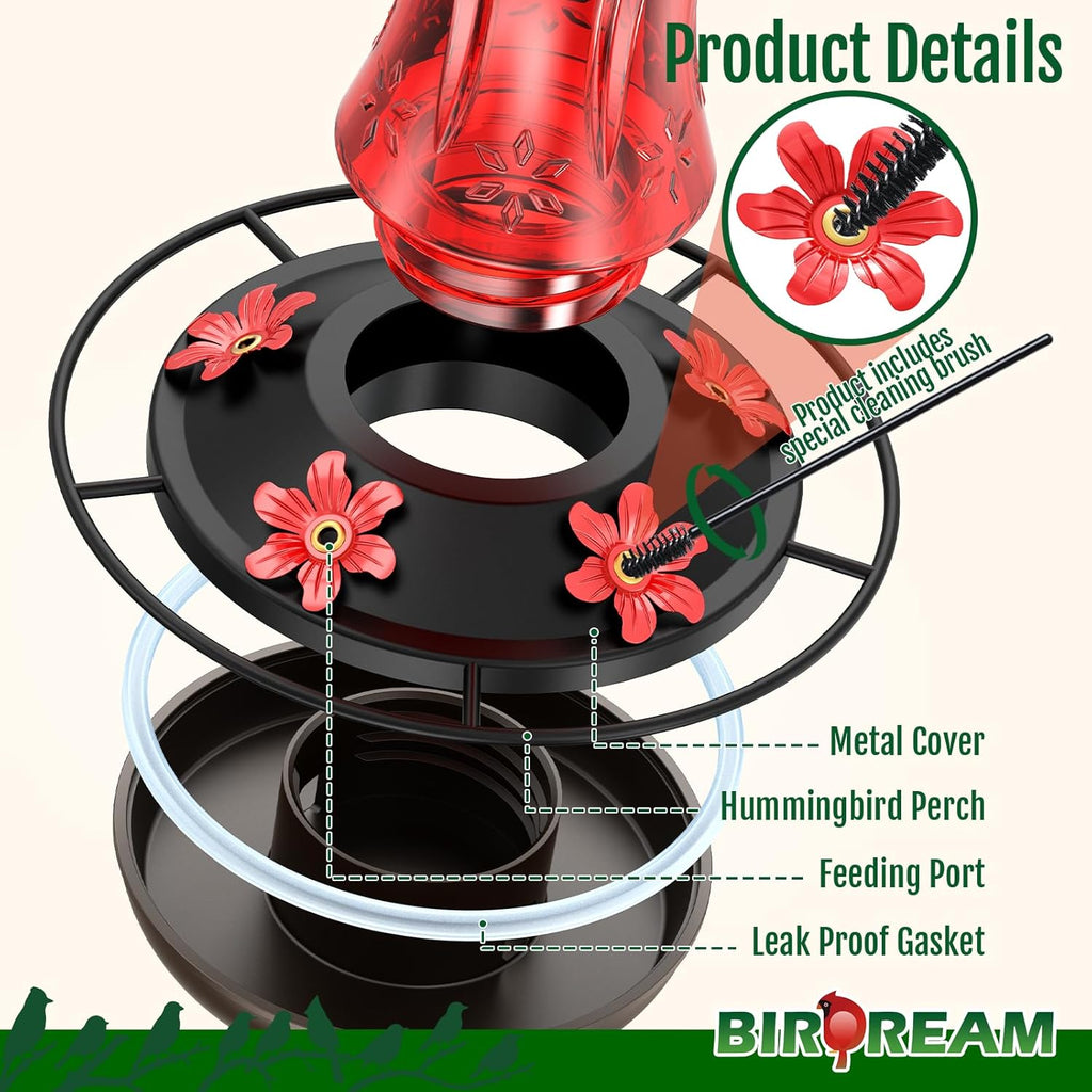 Birdream 23oz Red Glass Hummingbird Feeder for Outdoors, Durable Metal Base | 5 Feeding Ports, Built-in Ant Moat, For Outdoors Hanging, Decorative for Garden Patio Backyard