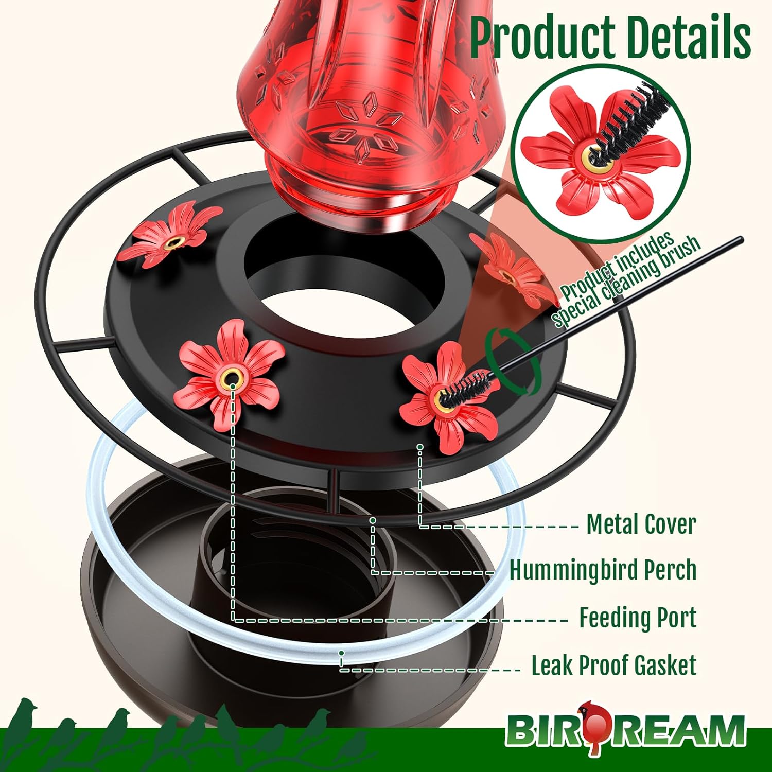 Birdream 23oz Red Glass Hummingbird Feeder for Outdoors, Durable Metal Base | 5 Feeding Ports, Built-in Ant Moat, For Outdoors Hanging, Decorative for Garden Patio Backyard