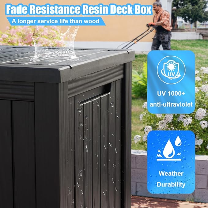 TARKARI 200 Gallon Lockable Resin Deck Box, Waterproof & UV-Resistant Outdoor Storage Box for Outdoor Cushion Storage, Garden Tools & Pool Accessories Storage, Black