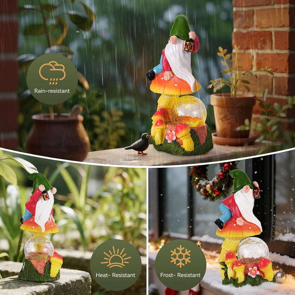 Garden Gnomes Outdoor Statues with Light, Gnomes Decorations for Yard, Solar Garden Gnome with Mushroom Decor, Lawn Ornaments for Patio, Balcony Housewarming- Unique Women Gifts