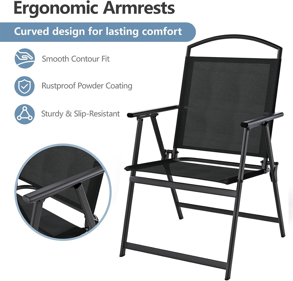 Outdoor Patio Chairs Set of 2, Folding Lawn Chairs, Black | Foldable Lightweight Dining Chairs with Armrests & Back Support, Breathable Textilene & Metal Frame for Deck, Lawn, Camping