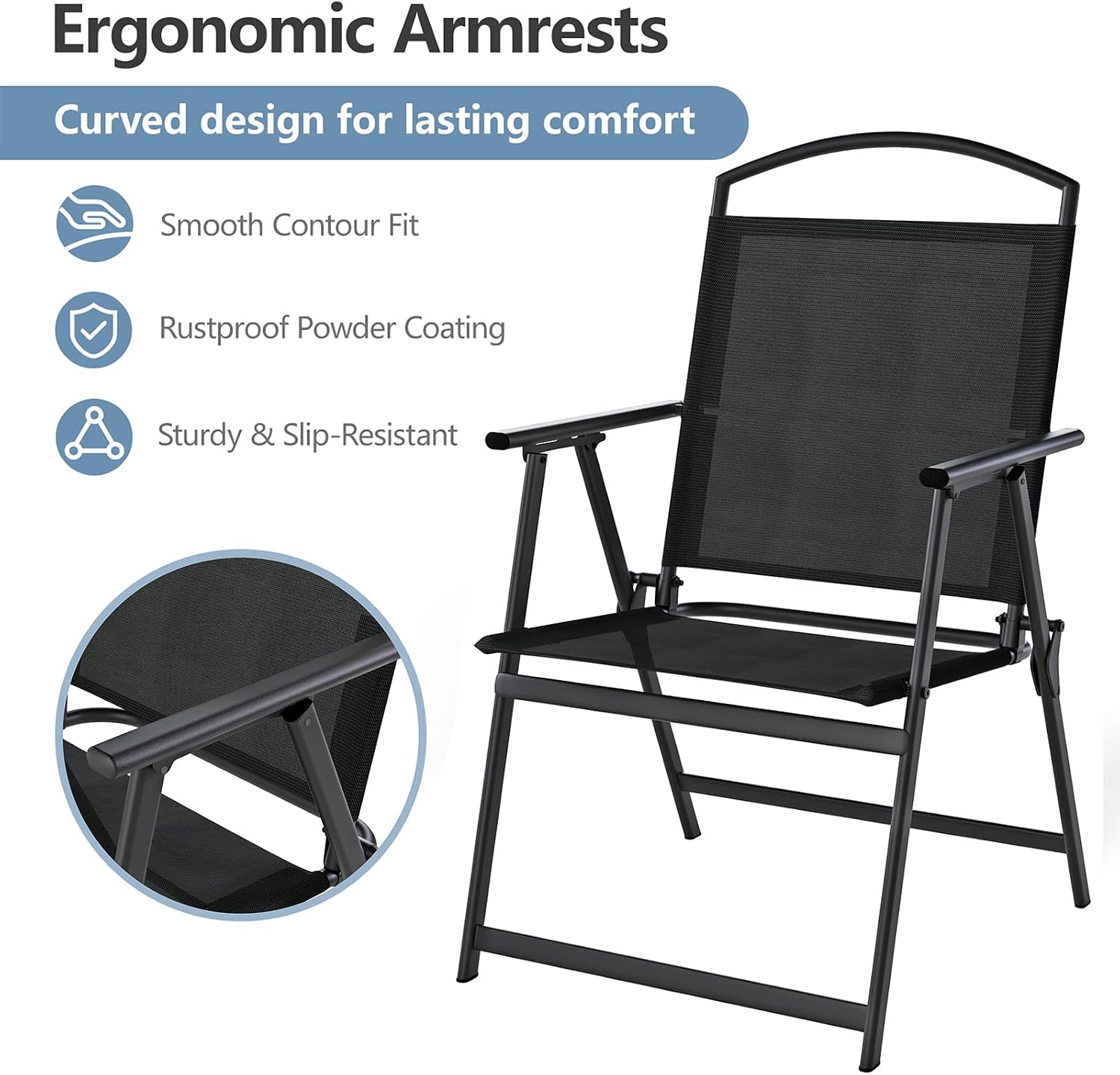 Outdoor Patio Chairs Set of 2, Folding Lawn Chairs, Black | Foldable Lightweight Dining Chairs with Armrests & Back Support, Breathable Textilene & Metal Frame for Deck, Lawn, Camping