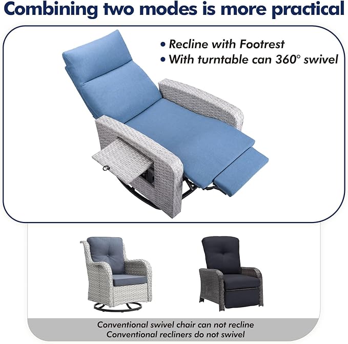 Outdoor Recliner Chair Set of 2, Wicker Patio Recliners with Adjustable Backrest and Extended Foot Rest, Reclining Patio Chairs with Flip Table & Removable Cushion Cover for Porch