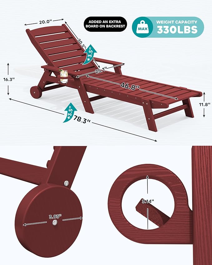 SERWALL Patio Chaise Lounge Chair Set of 2, 78'' Long 5-Positions Adjustable HDPE Outdoor Lounger for Pool, Poly Lounge Chair with Rolling Wheels & Cup Holder for Poolside, Deck, Dark Red