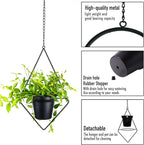 Metal Hanging Planters, Modern Plant Hanger with 5 inch Flower Pot, Set of 2 Black Plant Holder in Diamond and Round Shape, Small Wall and Ceiling Planter for Indoor Plants, Home Décor