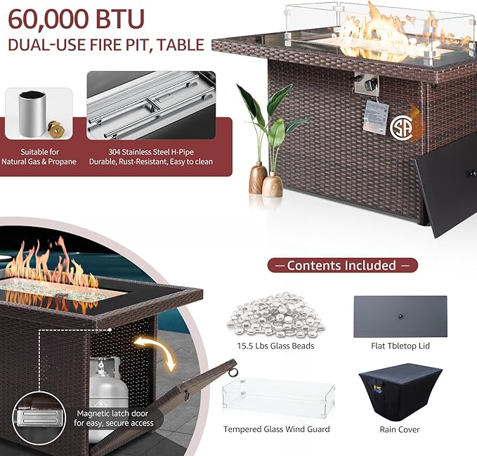 NICESOUL 10 Pieces Outdoor Patio Furniture Set with Fire Pit Table Natural Gas/Propane, 29.3'' High-Back Big Sectionals PE Wicker All Weather Conversations, Brown Rattan and Burgundy Cushion