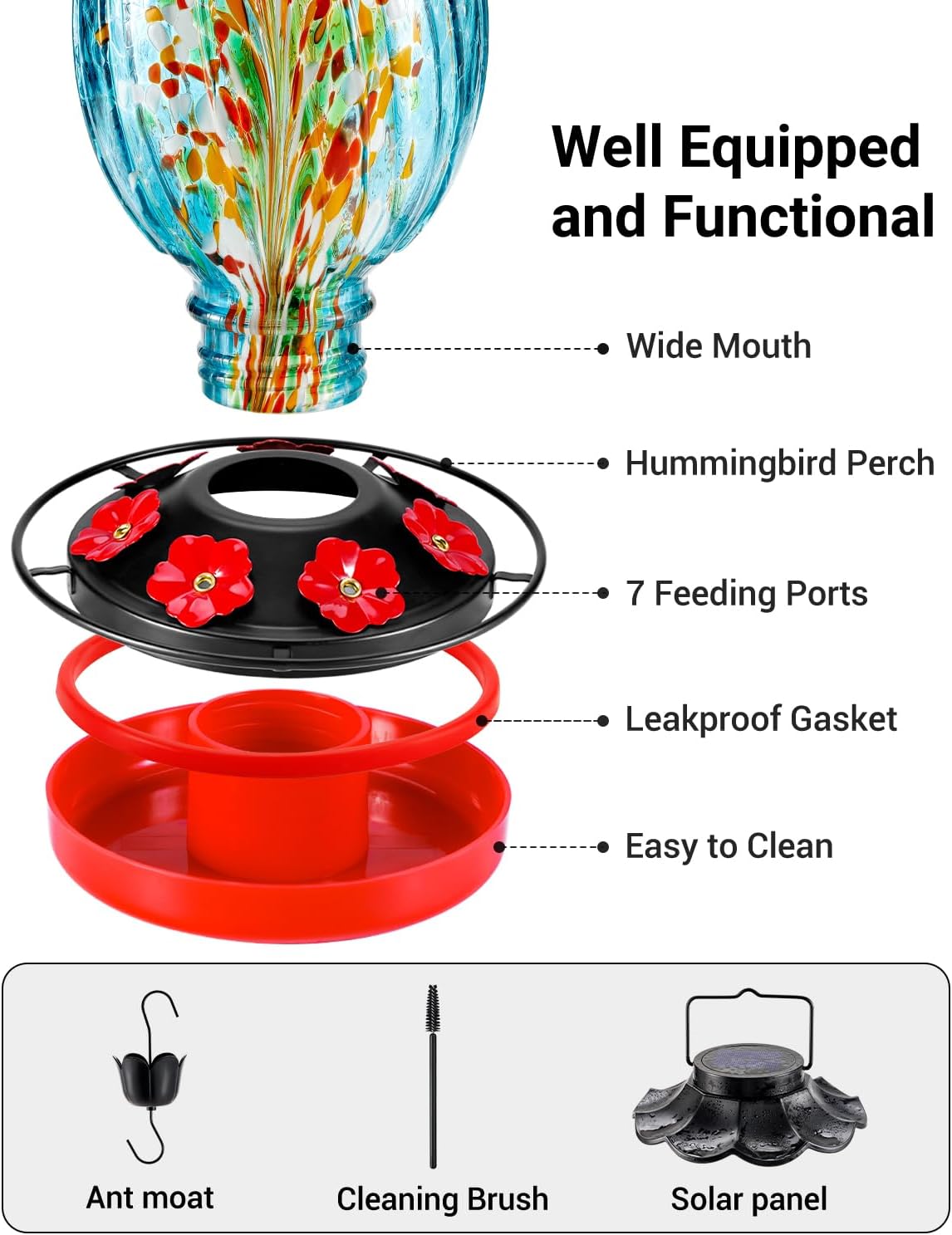 housesapp solar hummingbird feeder - 49 fl.oz hand, close-up detail