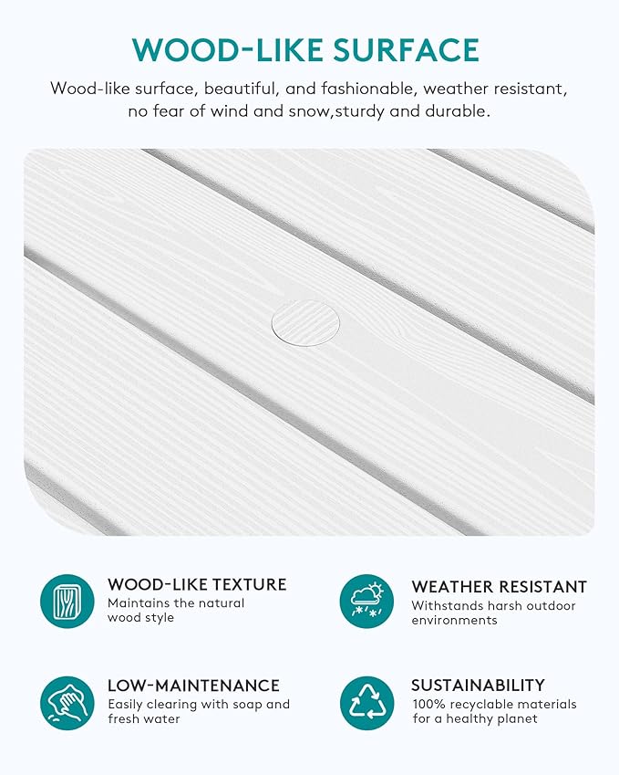 SERWALL Outdoor Coffee Table with 1.69" Umbrella Hole, HDPE Patio Coffee Table for Outside, Rectangle, White