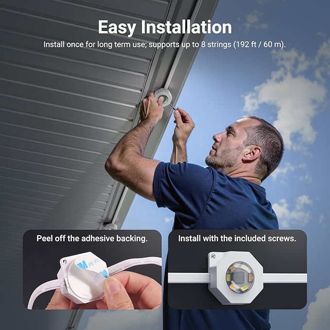 NEEWER 196ft Permanent Outdoor Lights for House Decor, Smart AI RGBCW Outside Eaves String Christmas Lighting with 120 LED Lights App Control 50+ Scenes IP65 Waterproof, Compatible with Alexa, NR02