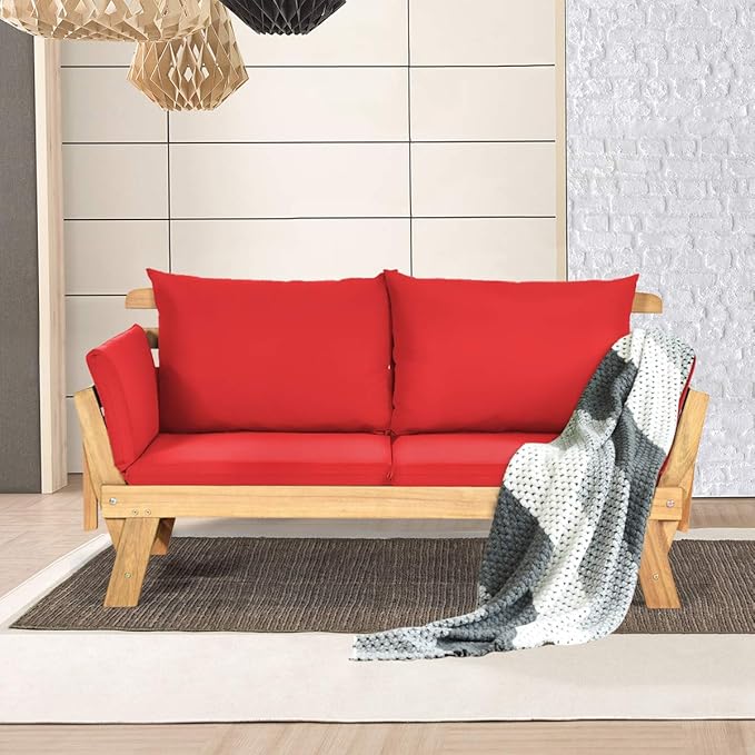 Tangkula Convertible Acacia Wood Patio Couch Sofa Bed with Adjustable Armrest, Outdoor Daybed with Cushion & Pillows, Outside Folding Futon Sofa Couch Bench for Porch, Courtyard, Poolside & Garden