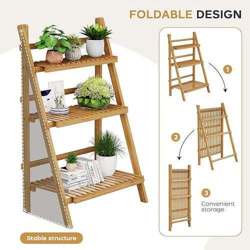 39.4" Foldable Plant Shelf Ladder Shelf, 3 Tier Bamboo Ladder Flower Pot Display Shelf, Freestanding Ladder Bookshelf for Garden, Balcony, Yard, Living Room, 23.6"W x 15"D x 39.4"H, Natural