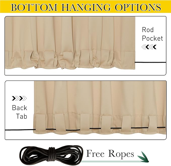 NICETOWN 2 Panels Outdoor Curtains for Patio Waterproof, Top & Bottom Fixed Waterproof Outdoor Drapes with Free Rope, Privacy Sun Blocking Shades for Gazebo, Pergolas, Biscotti Beige, W52 x L84
