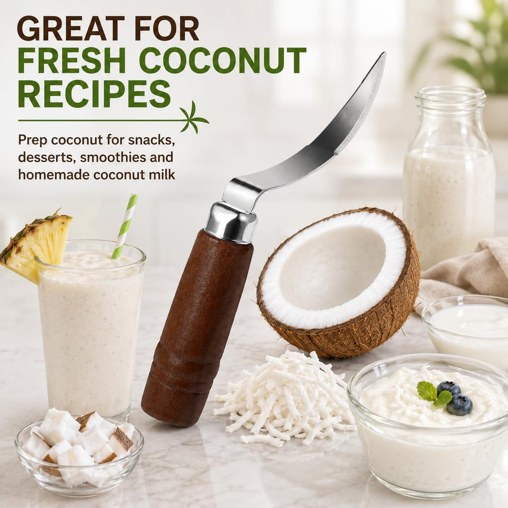 DOITOOL Coconut Meat Removal Tool Stainless Steel Fresh Coconut Scraper Knife with Ergonomic Wood Handle for Raw Shell Extraction and Manual Opener | Curved 9 inch Blade with Ergonomic Wood Handle for Raw Shell Extraction and Manual Opener