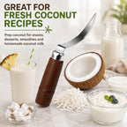 DOITOOL Coconut Meat Removal Tool Stainless Steel Fresh Coconut Scraper Knife with Ergonomic Wood Handle for Raw Shell Extraction and Manual Opener | Curved 9 inch Blade with Ergonomic Wood Handle for Raw Shell Extraction and Manual Opener