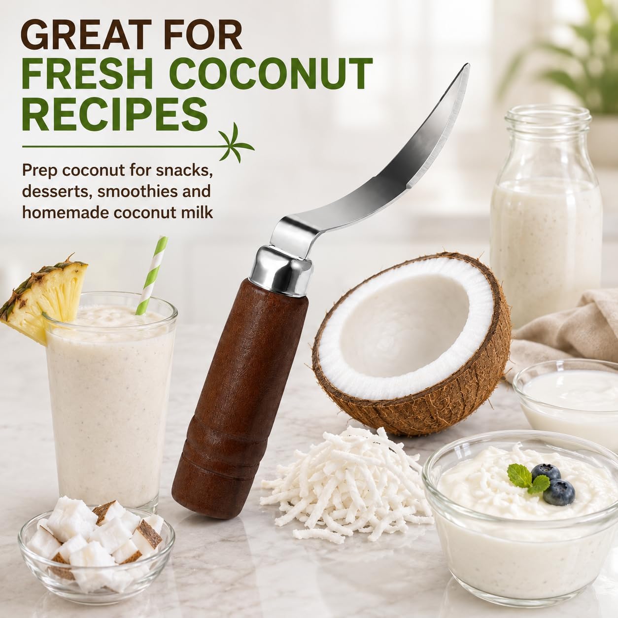 DOITOOL Coconut Meat Removal Tool Stainless Steel Fresh Coconut Scraper Knife with Ergonomic Wood Handle for Raw Shell Extraction and Manual Opener | Curved 9 inch Blade with Ergonomic Wood Handle for Raw Shell Extraction and Manual Opener