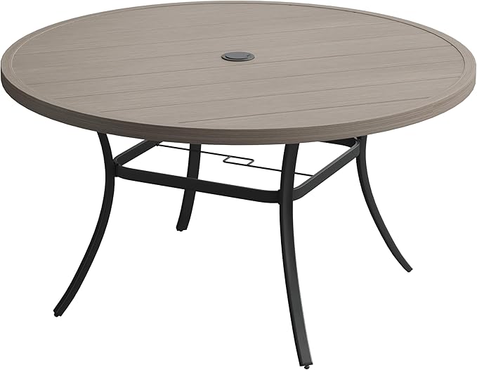 VICLLAX 60" Outdoor Round Patio Table for Lawn Garden, All Weather Metal Round Patio Dining Table with Adjustable Umbrella Hole, Outdoor Table for 8-10 Person, Grey Wood-Like Tabletop