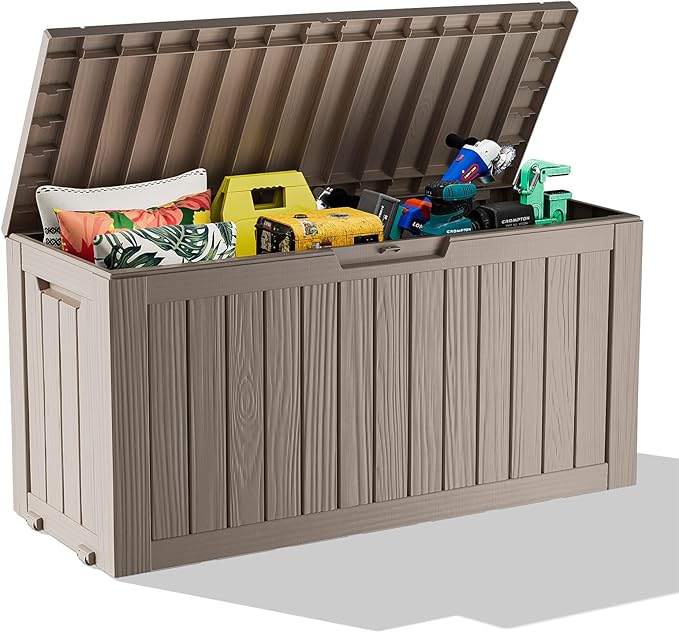 76 Gallon Outdoor Deck Box, Lockable Waterproof Outdoor Storage Boxes For Garden Tools,Indoor Cushions,Accessories Outside Storage Resin Weatherproof Container(Grey)