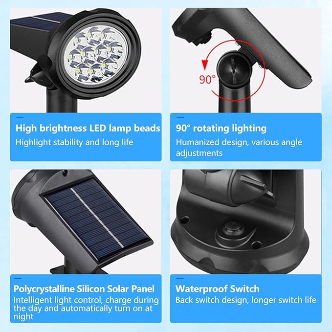 Solar Spot Lights Outdoor，Solar Lights Outdoor Waterproof IP68，Dark Sensing Auto On/Off，Suitable for Garden, Corridor Landscape Lighting and Flag Lighting. (Multicoloured, 6-Pack)