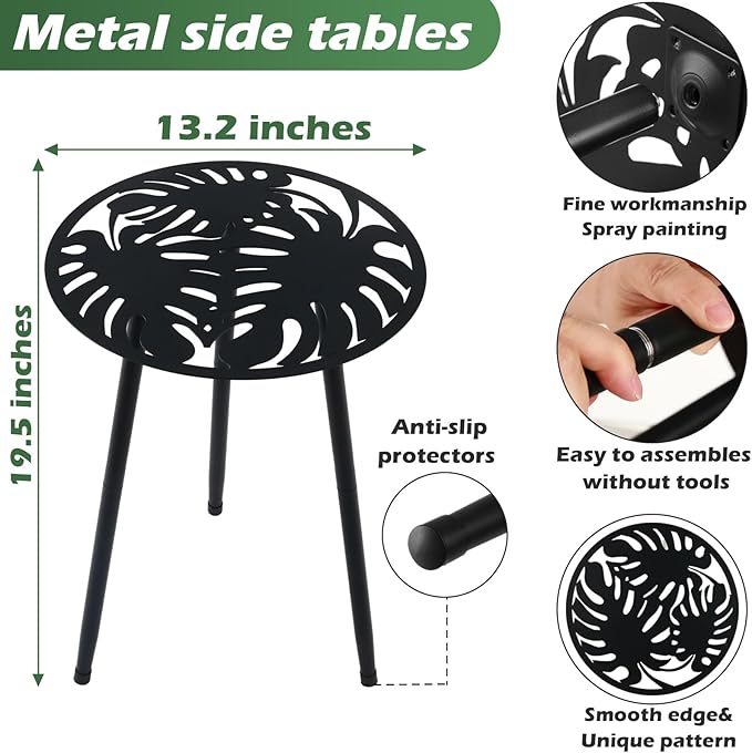 Metal Outdoor Side Tables Set of Two Small Outside Round End Table for Patio Modern Accent Garden Corner Table for Small Spaces, Balcony, Porch, Weather-Resistant, Plant Stand Indoor, Black