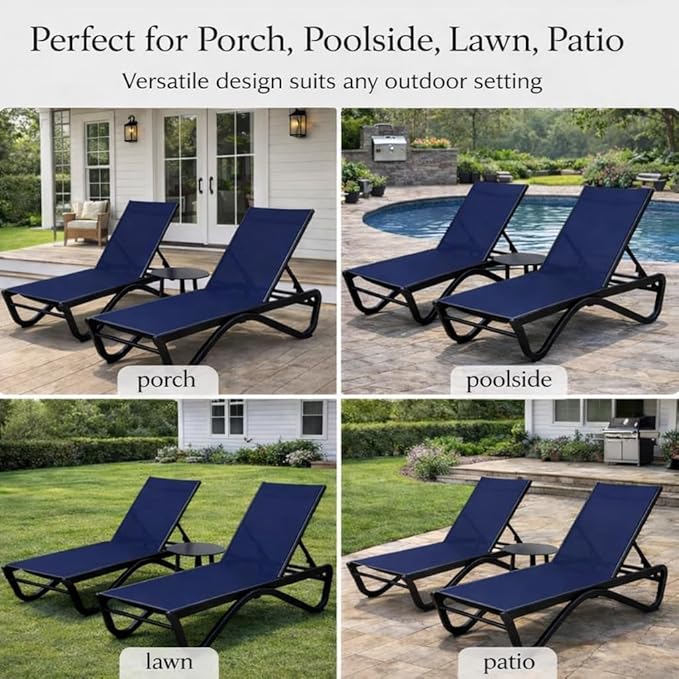 Kozyard Outdoor Chaise Lounge Chair, Full Aluminum Frame, Adjustable Reclining Patio Lounger for Poolside, Sunbathing & Backyard, Textilene (NavyBlue)