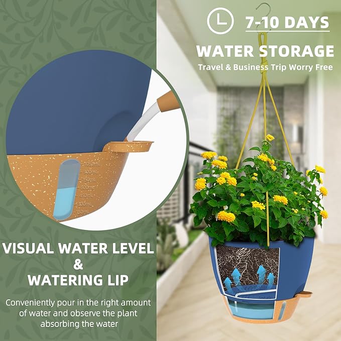 ZMTECH 10 Inch Hanging Planters for Indoor Plants & Outdoor - 2 Pack Self-Watering Hanging Pots with Drainage Holes, Visual Reservoir, Plastic Hanging Baskets Flower Pots with Removable Saucer, Blue