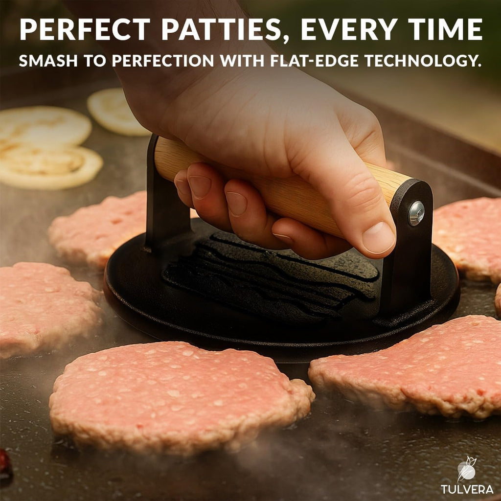 Smash Burger Press | Cast Iron Hamburger Smasher Tool | Flat-Edge Meat Press for Hamburgers, Bacon, Outdoor Kitchen | Griddle & Grilling Accessories | Pre-Seasoned | 6.1”