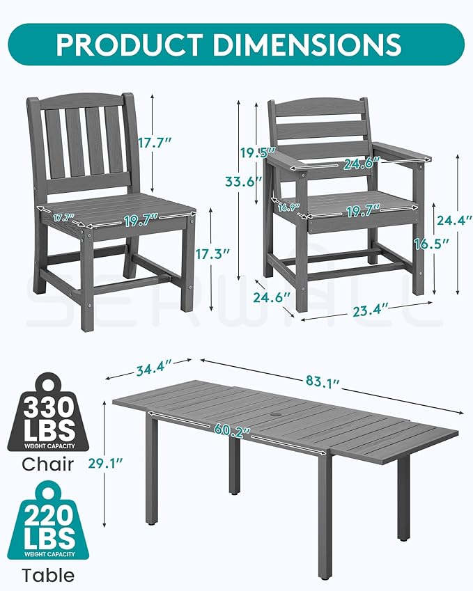 SERWALL 7-Piece Outdoor Dining Set, 60" - 83" Expandable Outdoor Dining Table and 6 HDPE Chairs, All Weather HDPE Outdoor Furniture Set for Backyard, Garden, Grey