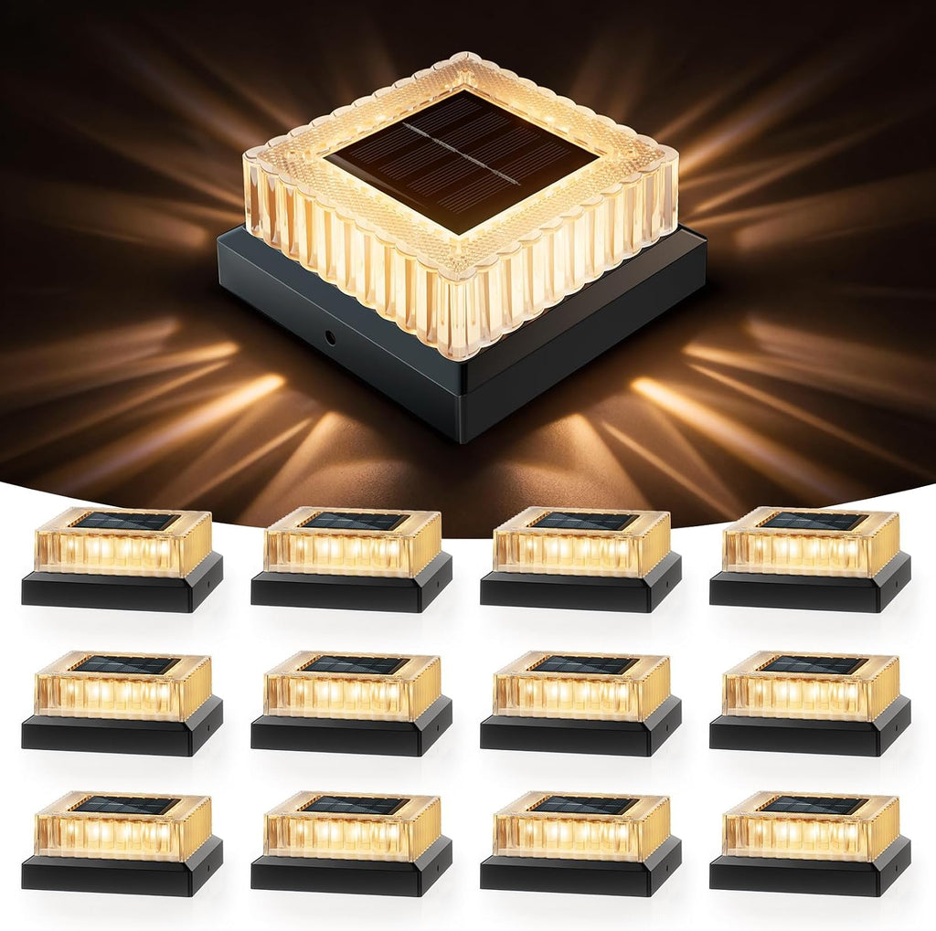 APONUO Solar Post Cap Lights, 12-Pack IP65 Waterproof for 4x4 Posts, 20 Lumens Deck Post Lights Solar Powered Outdoor – Perfect for Fence, Patio, Garden,Decor, Black