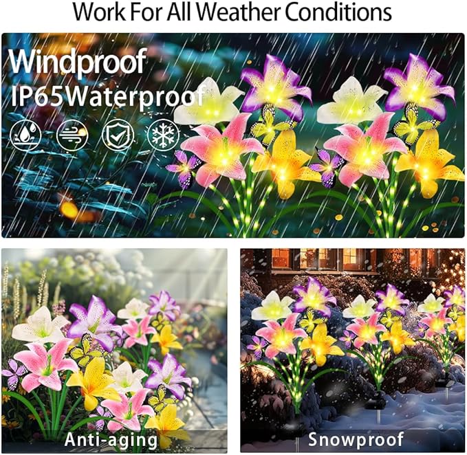 Solar Garden Lights 2 Pack with 8 Lilies Outdoor Decorative Flower Lights for Garden, Gift for Family and Friends, IP65 Waterproof Flower Solar Outdoor Stake Lights for Yard Patio Lawn Pathway