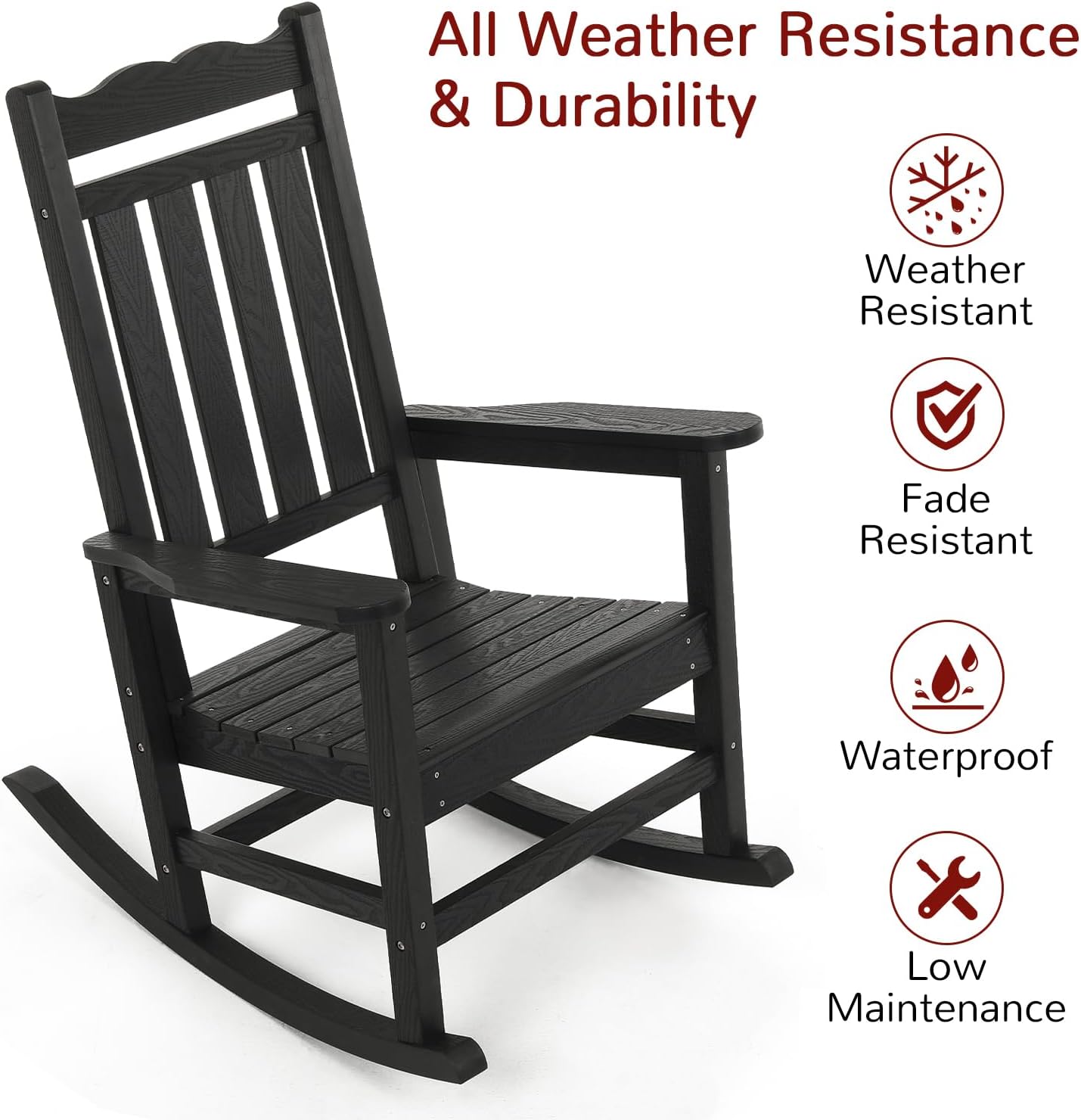 Stoog All-Weather Outdoor Rocking Chairs Set of 2, Oversized Rocking Chairs with 400 lbs Weight Capacity, for Backyard, Fire Pit, Lawn, Garden, Black