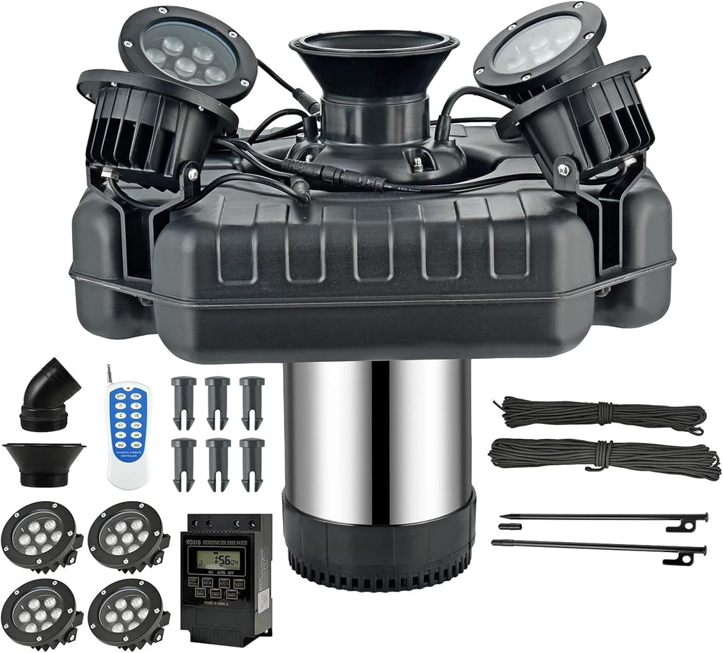 F3 Floating Pond Fountain Aerator, 1HP 750W 110V Stainless Steel Pump with 4 RGB Lights & 100FT Power Cord, Black Octagon Aerating Fountain for Ponds, Lakes, Pools and Fish Farms (Four Lights)