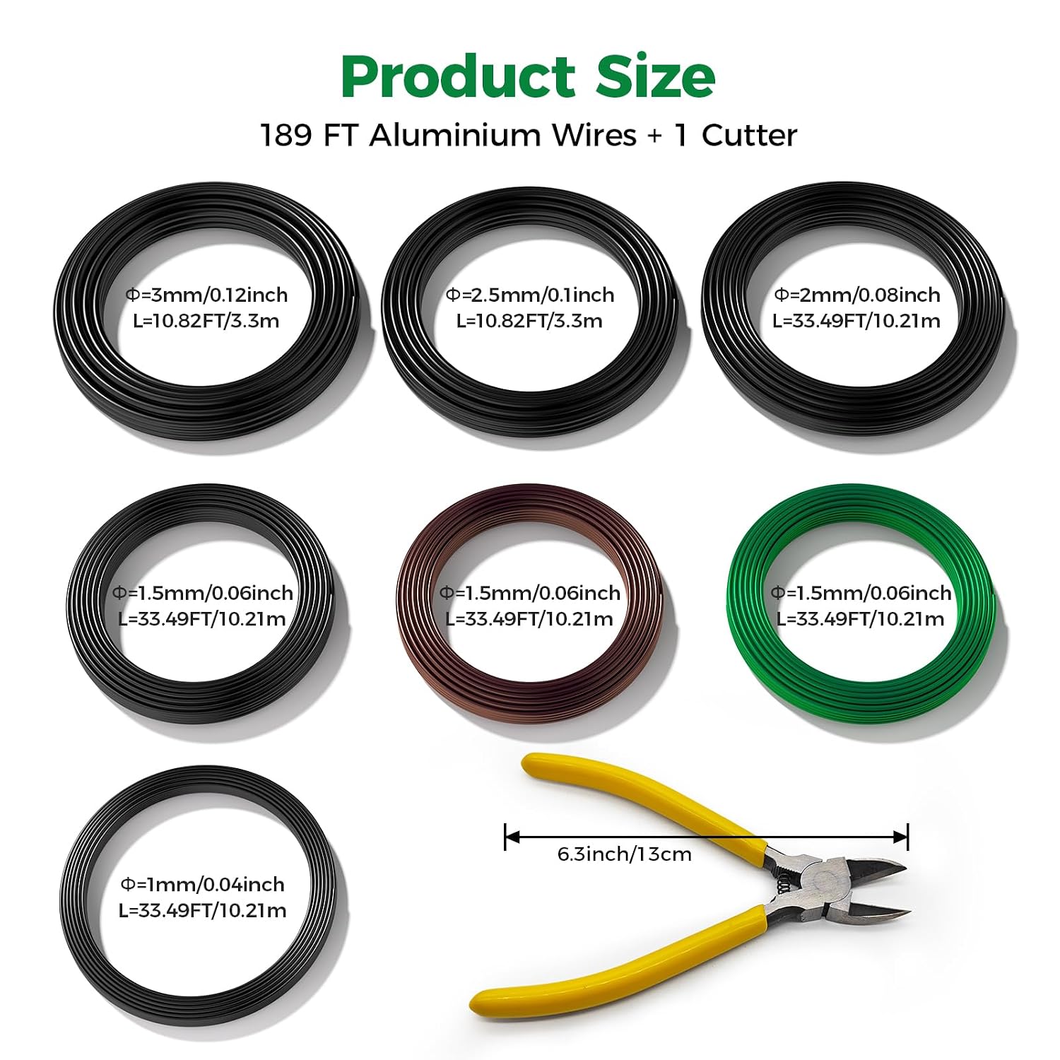 Bonsai Wire Kit with Cutter, Anodized Aluminum-189FT 7 Rolls 5 Sizes 1-3mm | 1.0, 1.5, 2.0, 2.5, 3mm, Bonsai Training Wire for Securing Thin Branches or Trunks, Ideal for Garden, Bonsai Tree Shaping
