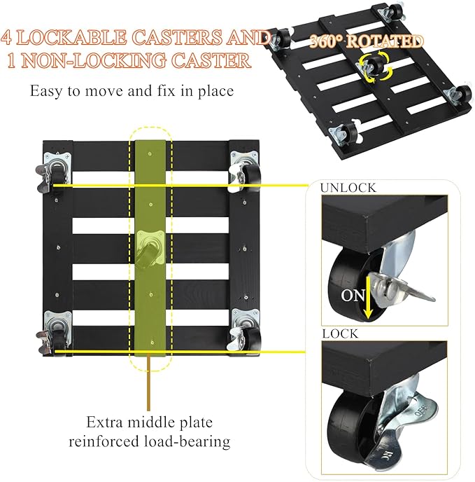 2 Pack Plant Stand with Wheels, 12" Rolling Plant Stand 264 LBS Heavy Duty Wooden Square Plant Caddy with Metal 360° Lockable Caster Wheels for Outdoor Indoor Large Plant Pots, Flower Pot, Patio-Black