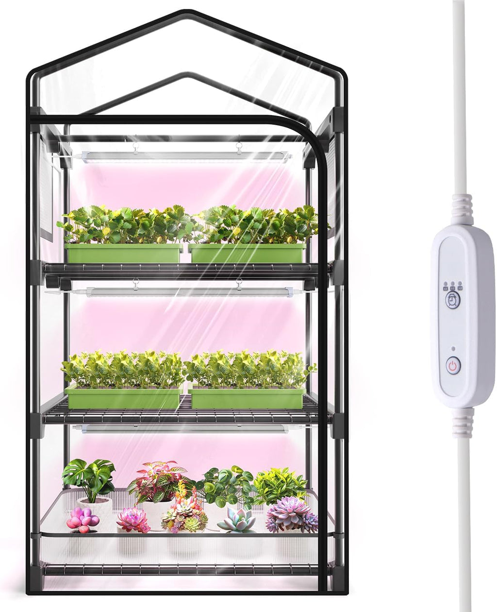 indoor greenhouse with grow light, 3-tier plant shelf, main product view