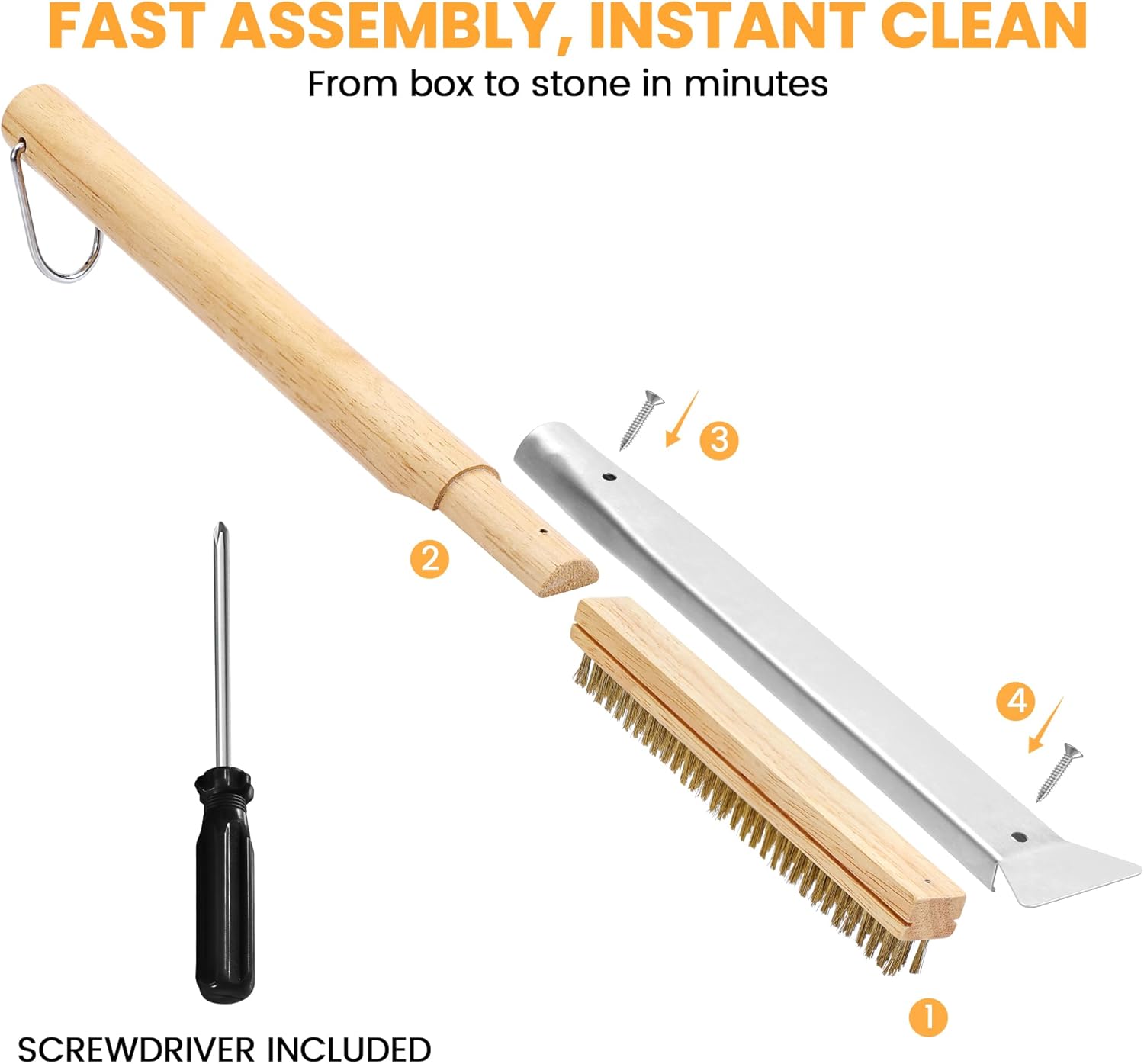 26'' Pizza Brush with Stainless Steel Stone Scraper - Brass Bristles - Wood Handle - Hanging Ring - Outdoor Pizza Oven Accessory - Compatible with Ooni, Gozney, Blackstone, Solo Stove Ovens