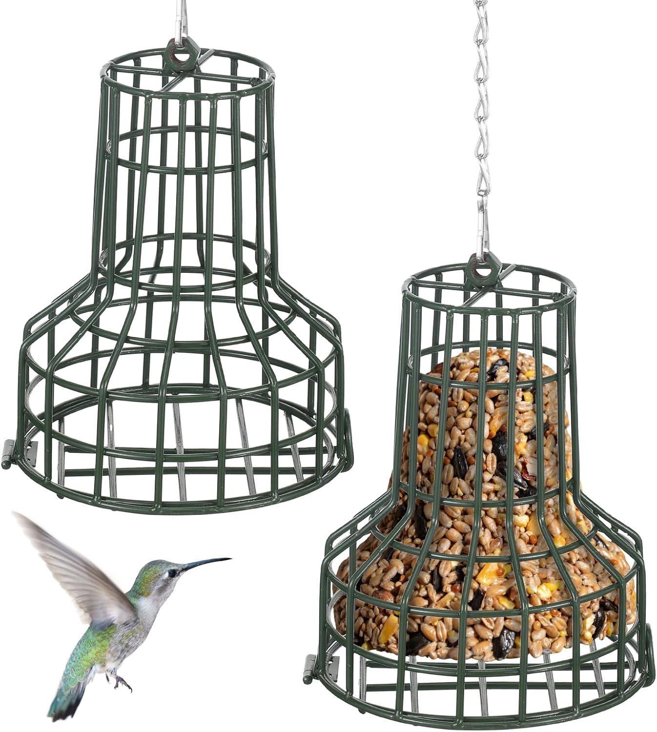 2 Pcs Bird Seed Bell Feeders S-8 Seed Cake Bell Wild Bird Feeder Outdoor Garden Cages Hanger with Stainless Steel Chain for Outside