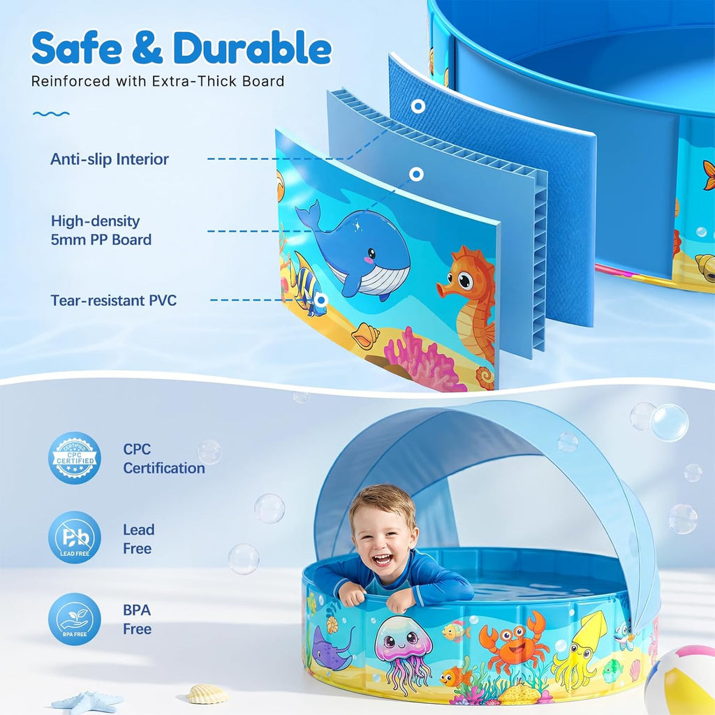 Foldable Kiddie Pool with Canopy 47IN Baby Swimming Pool for Kids | 47IN Toddler Baby Pool with UPF 50+ Shade, Carry Bag Non-Slip, Non-Inflatable Portable Water Play Pool for Backyard Beach