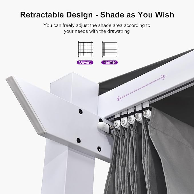 PURPLE LEAF Outdoor Retractable Pergola with Curtains 10' x 13' White Patio Aluminum Pergola with Sun Shade Canopy for Backyard Deck Garden Modern Metal Pergola, Gray